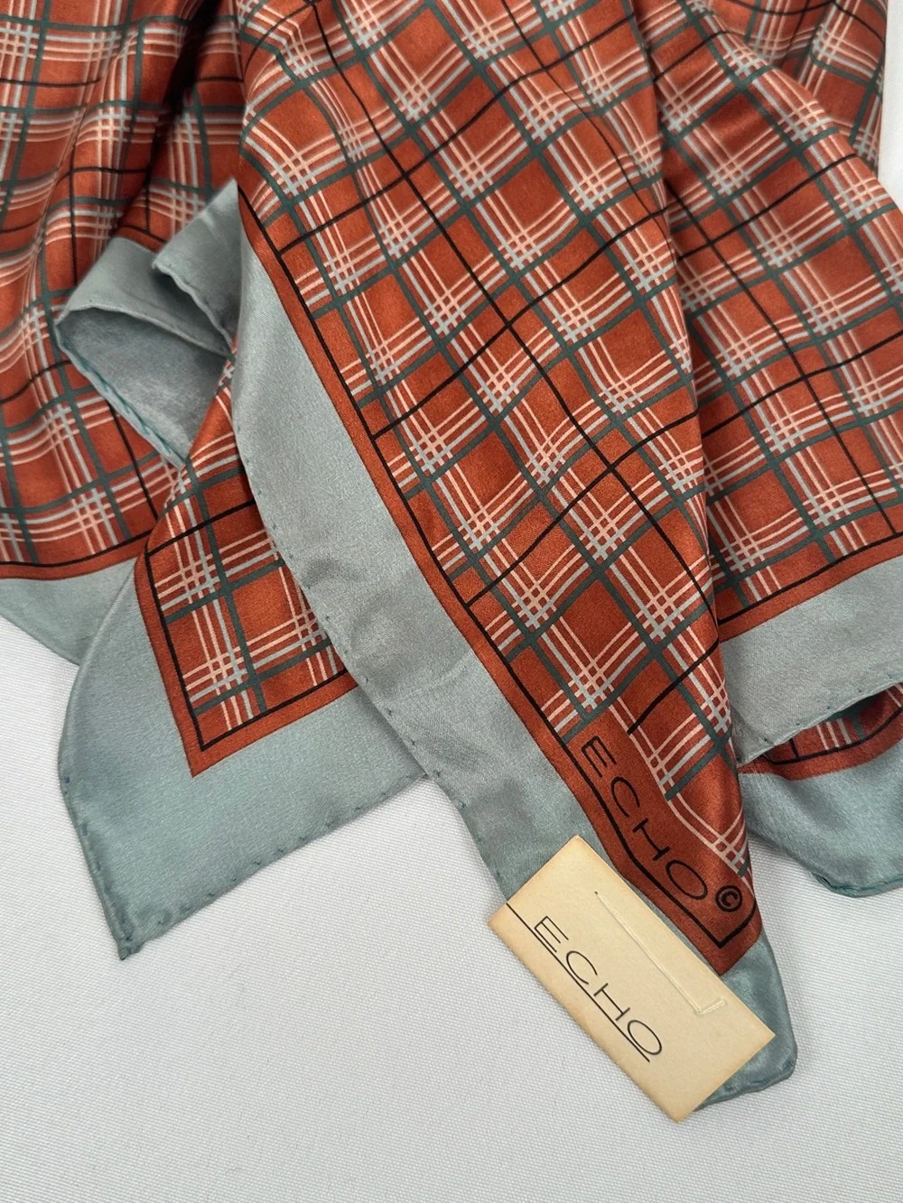 Echo Vintage NWT Plaid 100% Silk Scarf Japan Rust/Sage